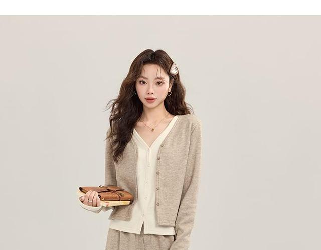 Set: Button-Up Plain Cardigan + High Waist Wide Leg Pants Product Image