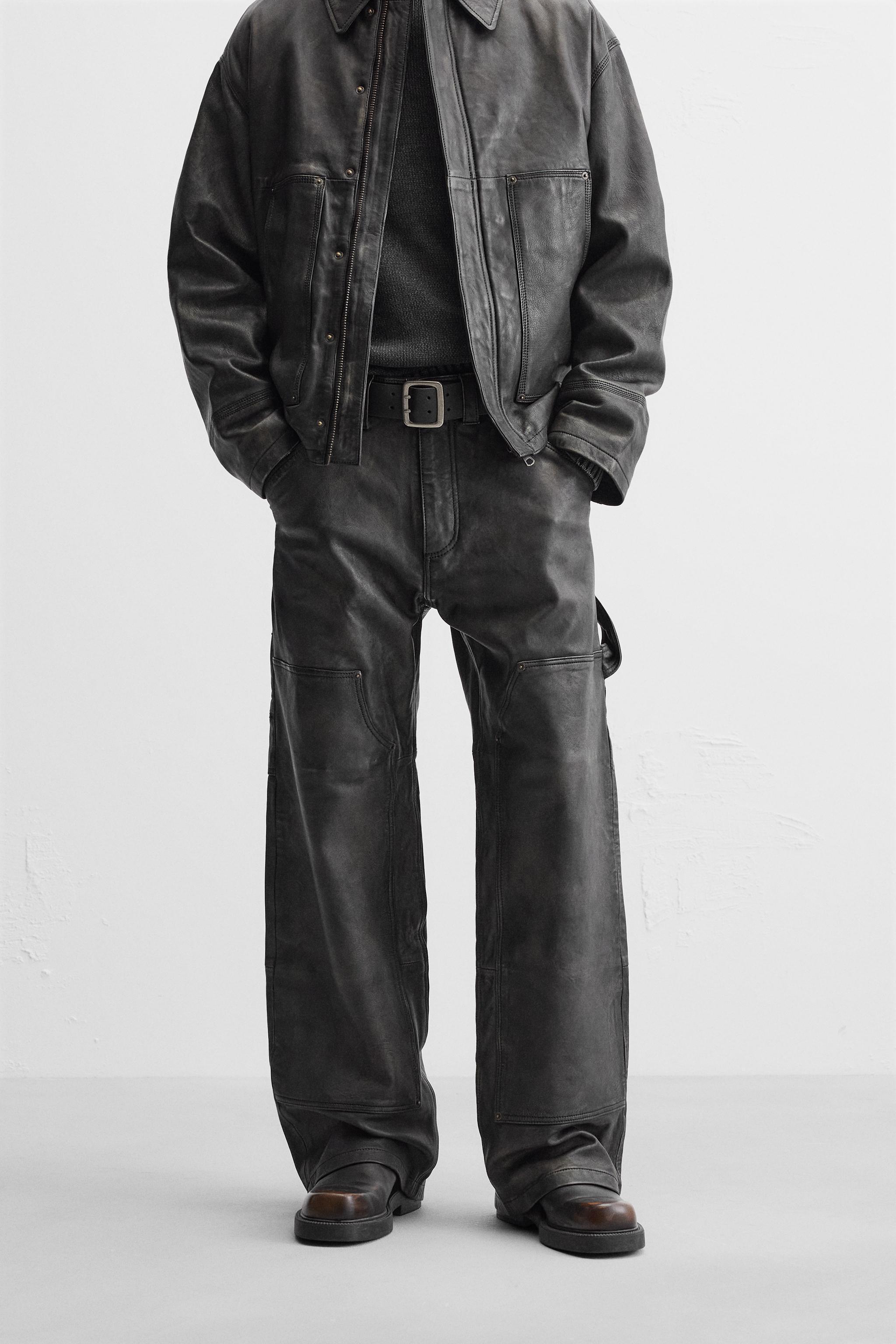 WASHED EFFECT LEATHER CARPENTER PANTS Product Image