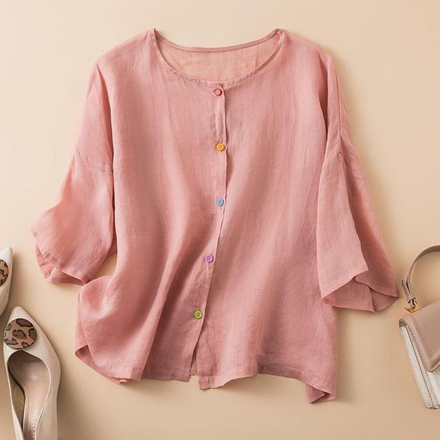 Short-Sleeve Plain Button-Up Blouse Product Image