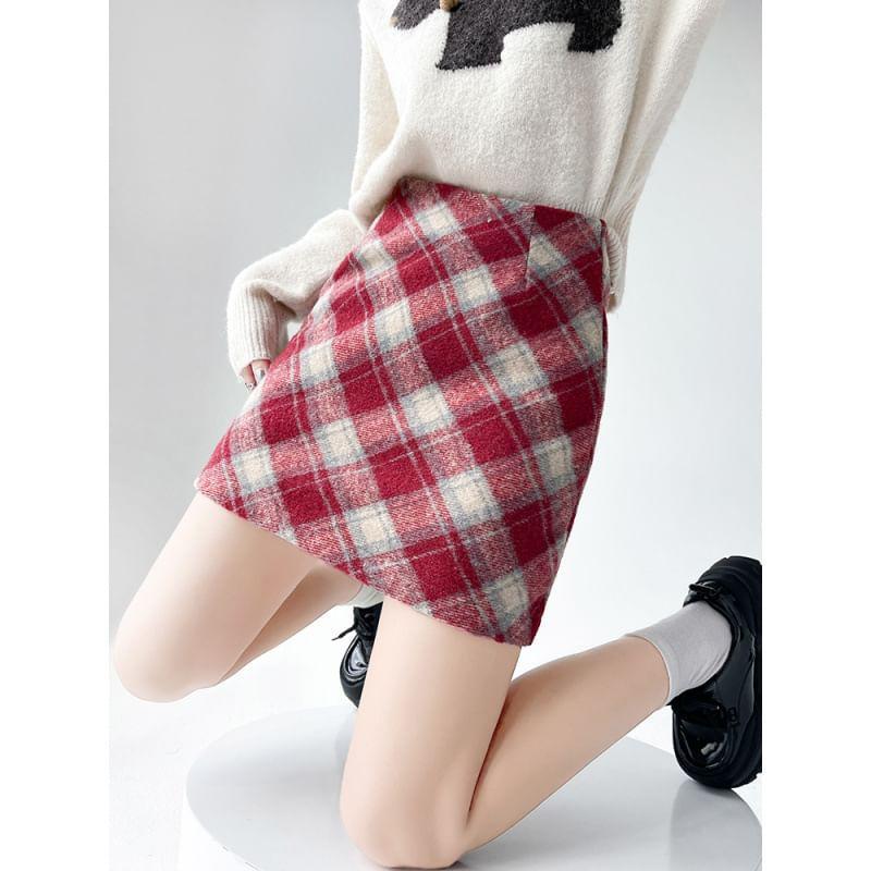 High Rise Plaid Mini A-Line Skirt Product Image