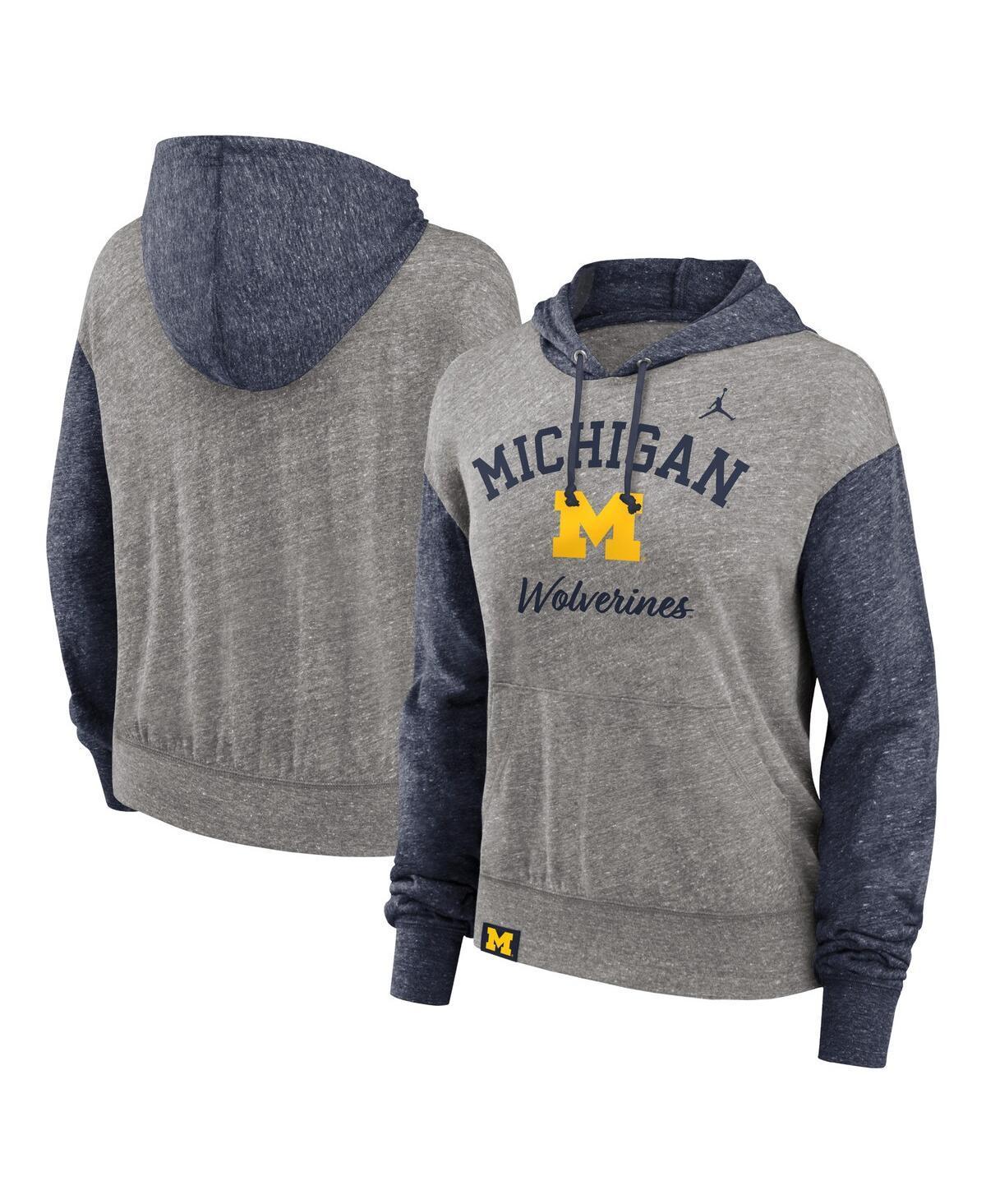 Jordan Womens Heather Gray Michigan Wolverines Blitz Color Blocked Legacy Pullover Hoodie - Heather Gray, Navy Product Image