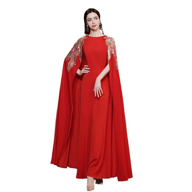 Cape-Sleeve Sequined Printed A-Line Evening Gown Product Image