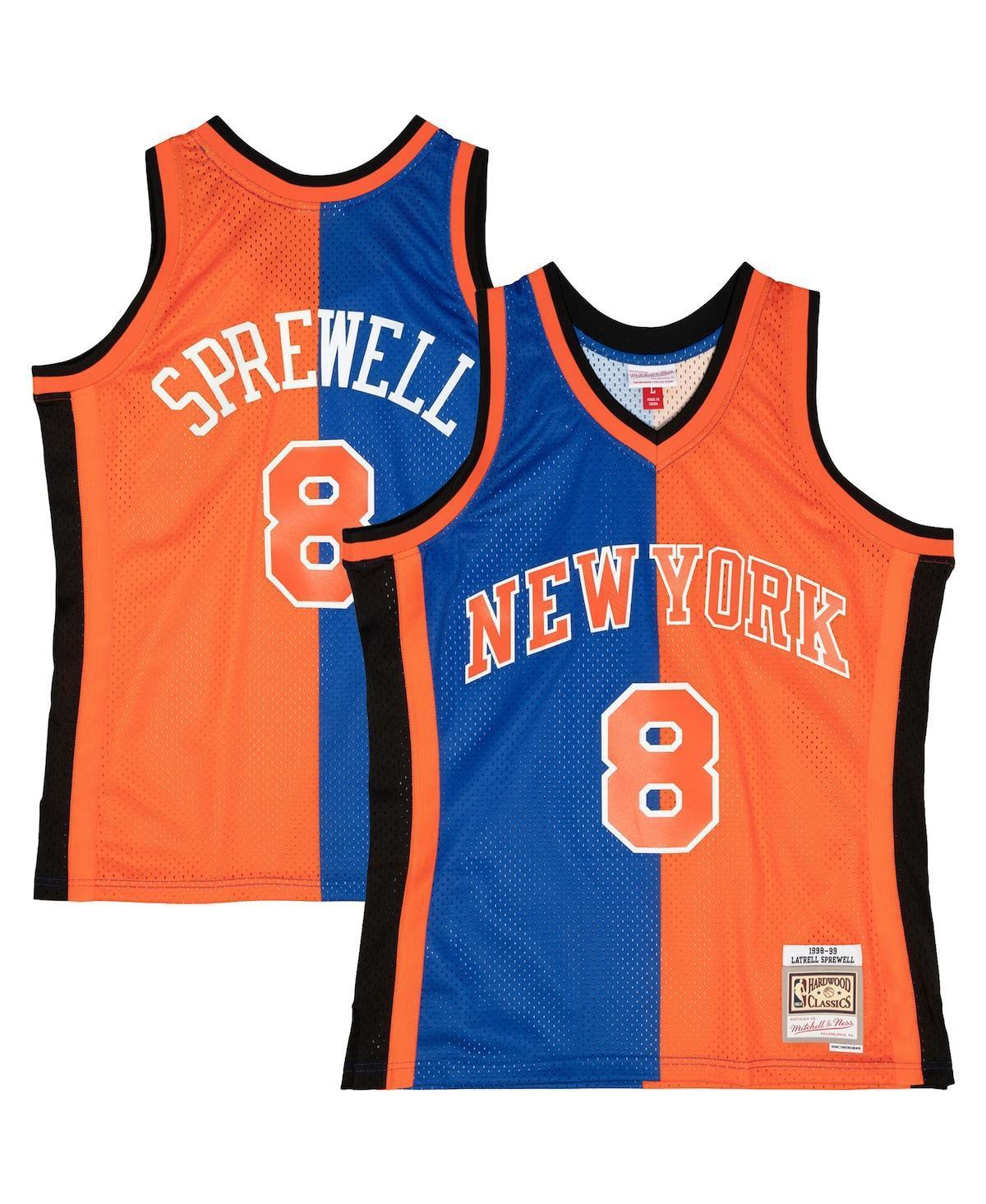 Mens Mitchell & Ness Latrell Sprewell Blue/Orange New York Knicks Hardwood Classics 1998-99 Split Swingman Jersey Product Image