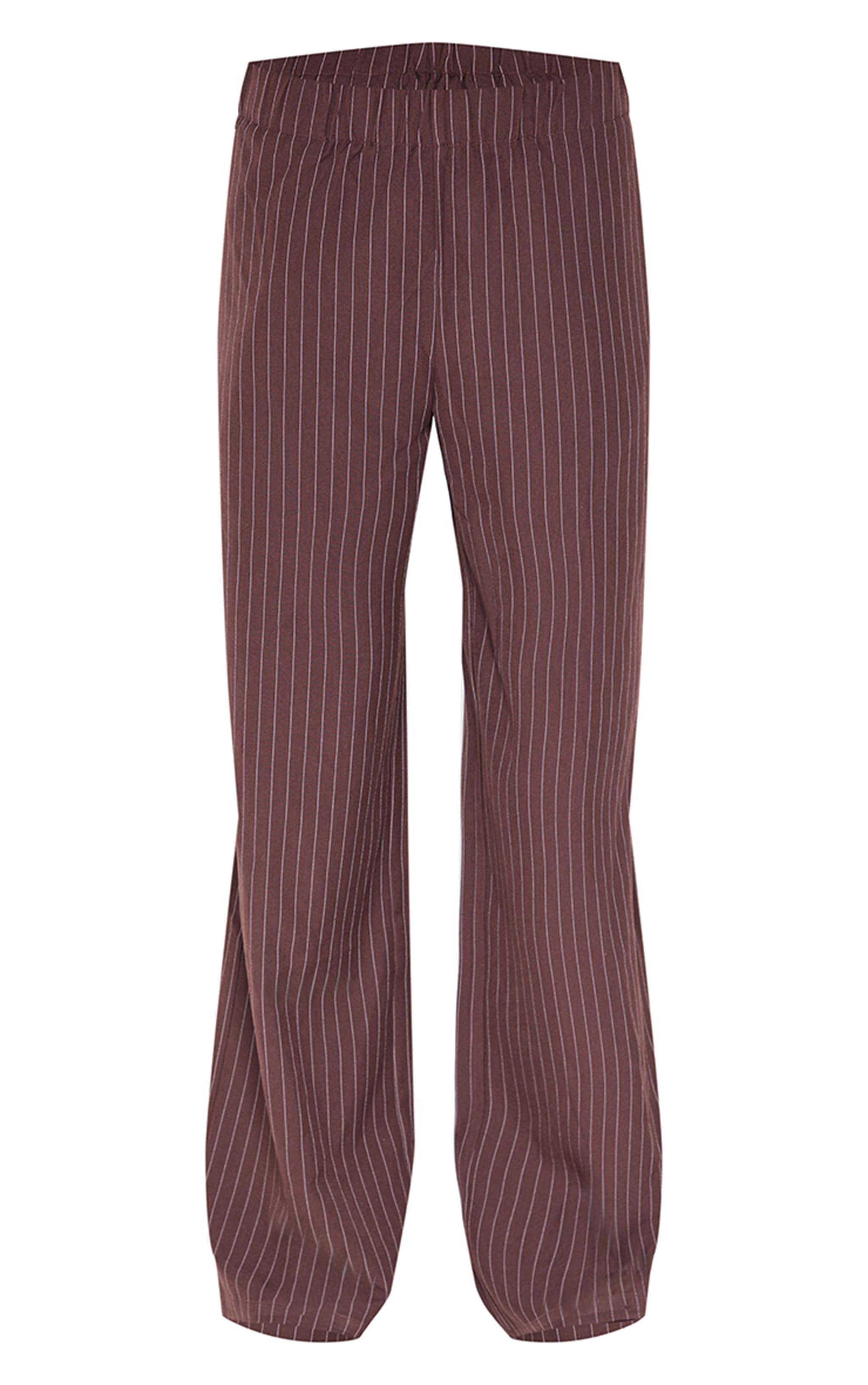 Dark Brown Woven Pinstripe Detail Wide Leg Pants Product Image