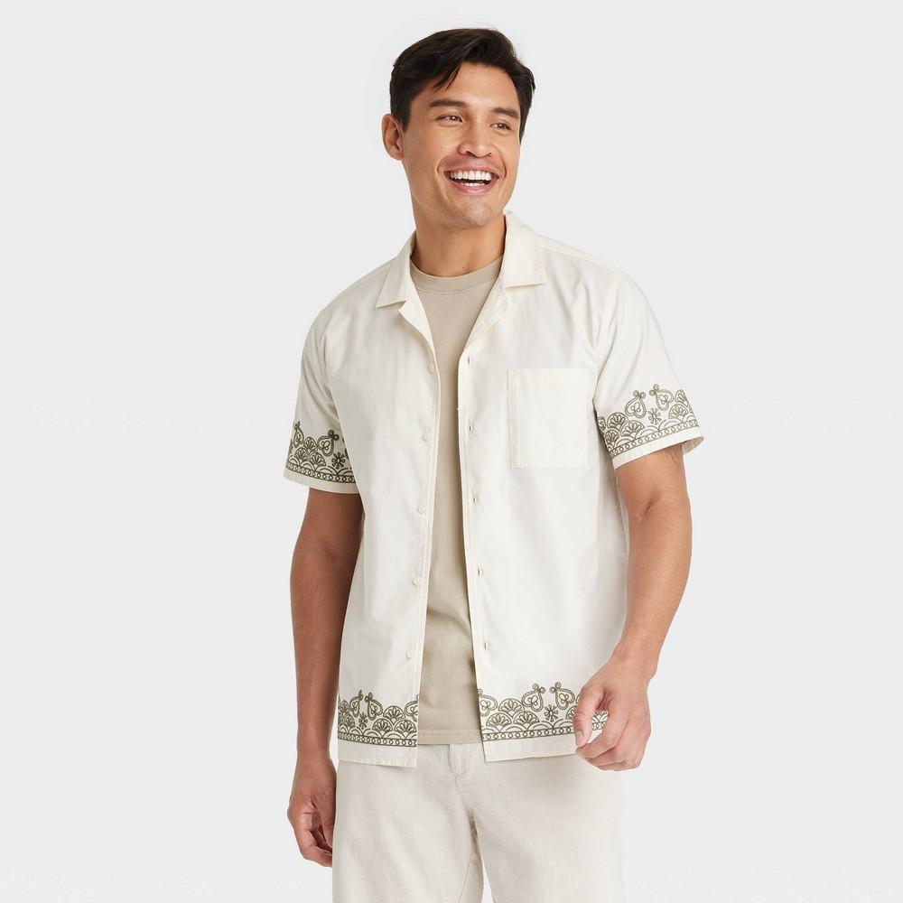 Mens Short Sleeve Embroidered Button-Down Shirt - Goodfellow & Co Cream L Product Image