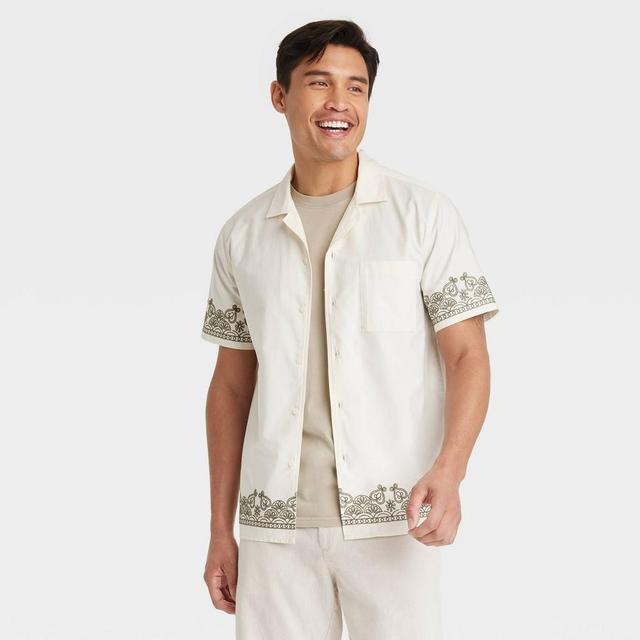 Mens Short Sleeve Embroidered Button-Down Shirt - Goodfellow & Co Cream L Product Image