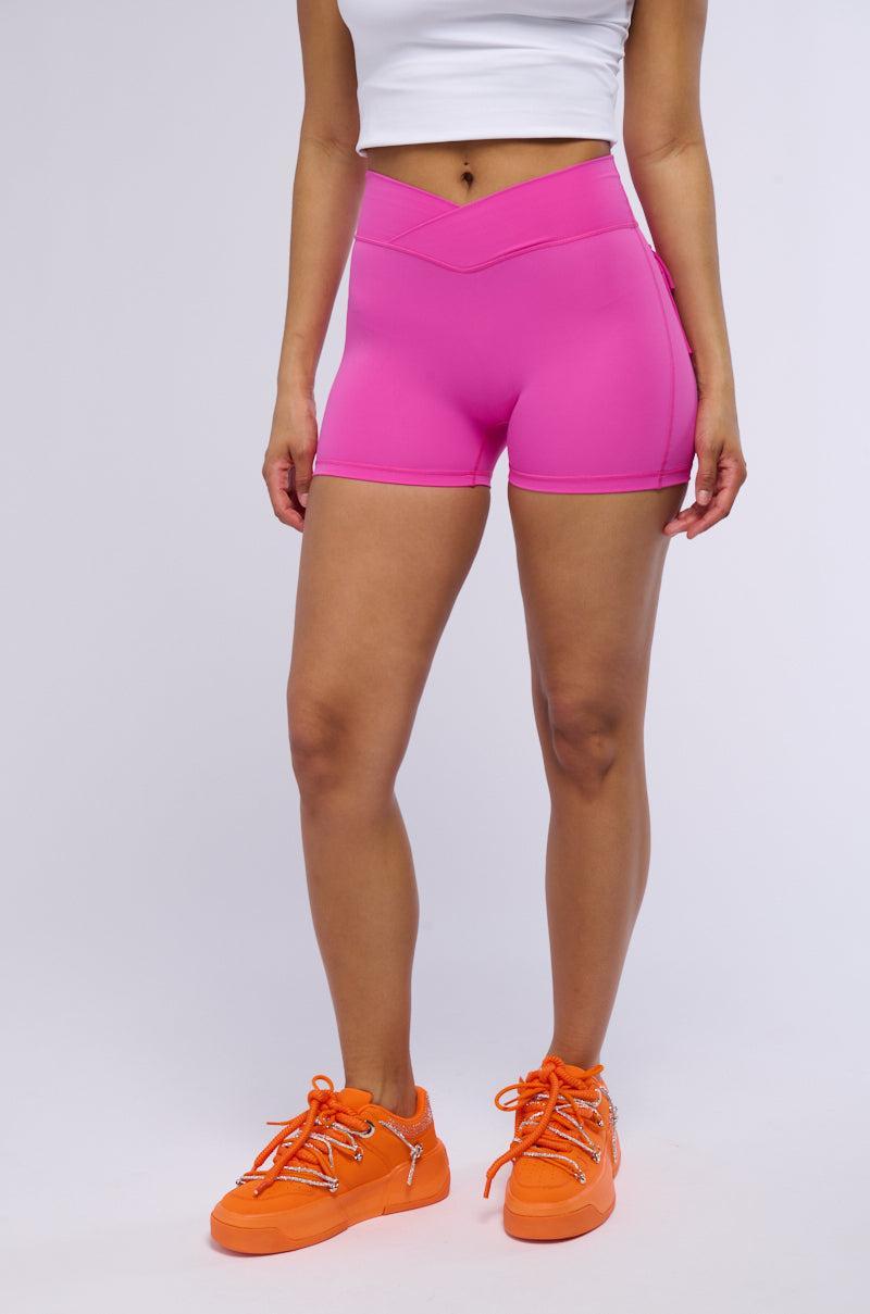 YOGA CROSS FRONT RUCHED BIKER SHORT IN PINK Product Image