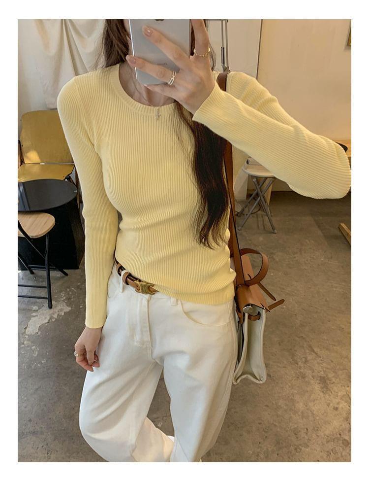 Long Sleeve Round Neck Plain Ribbed Knit Top Product Image