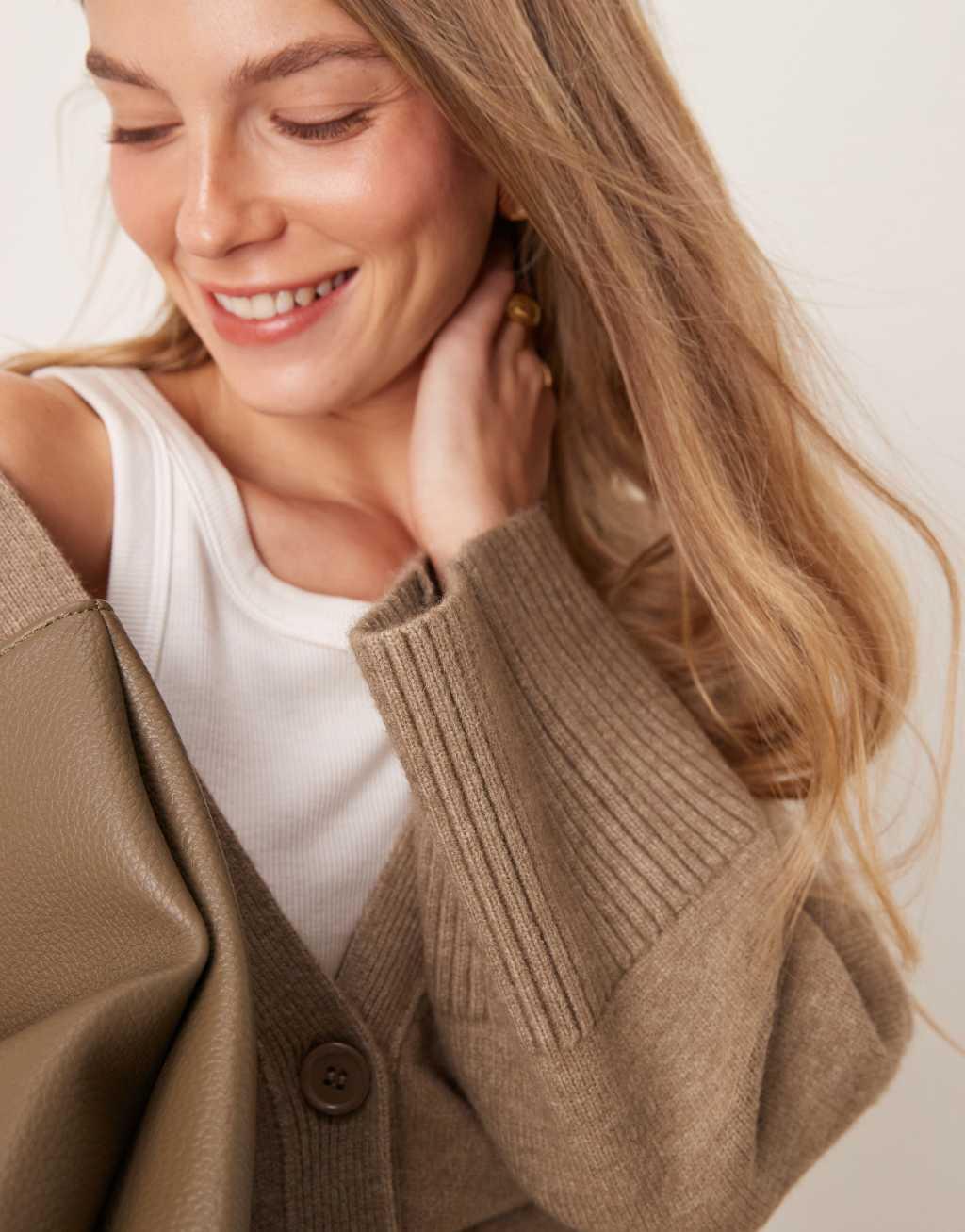 Pretty Lavish chunky cuff knit cardigan in taupe Product Image