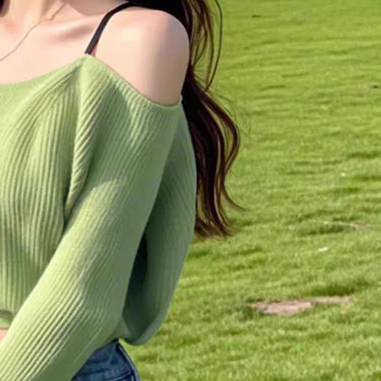 Long Sleeve Cold Shoulder Plain Ribbed Knit Crop Top Product Image