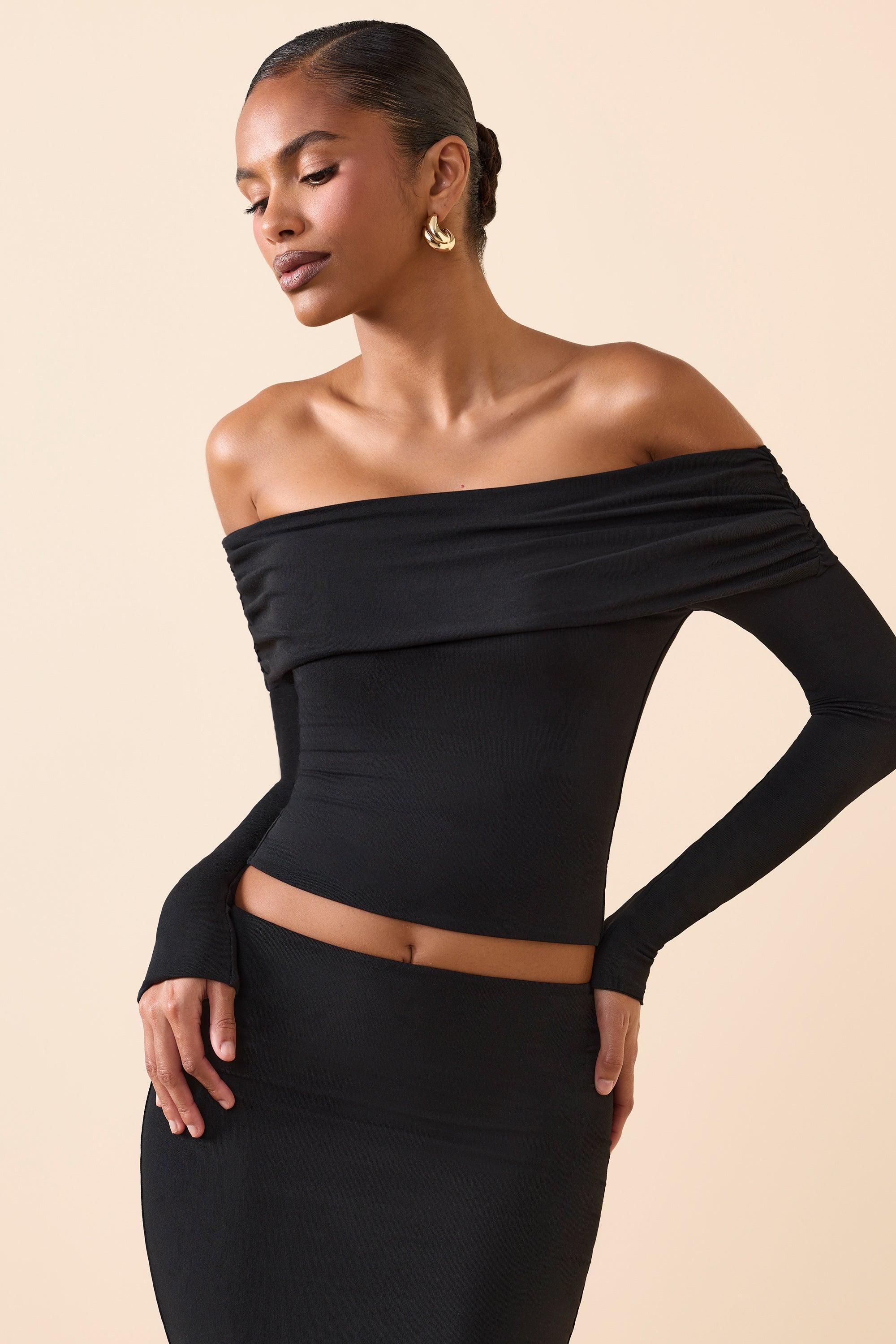 Modal Off-Shoulder Long-Sleeve Top in Black Product Image