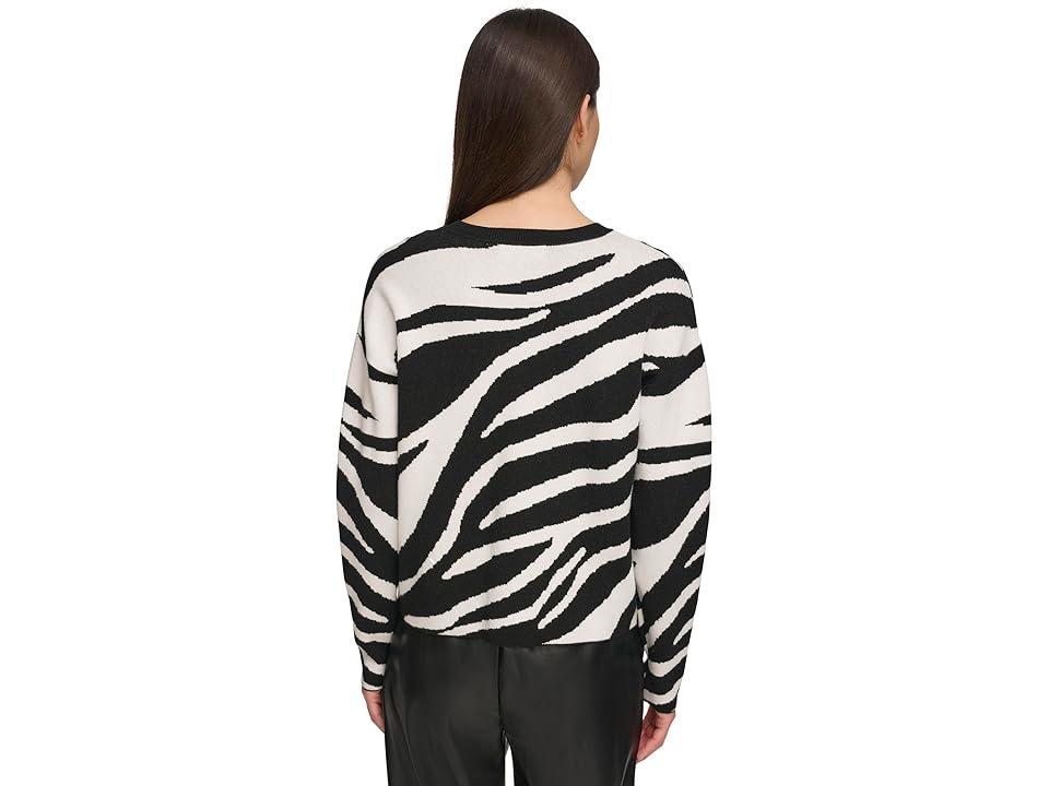 DKNY Long Sleeve Zebra Crew Neck Sweater (Ivory/Black) Women's Clothing Product Image