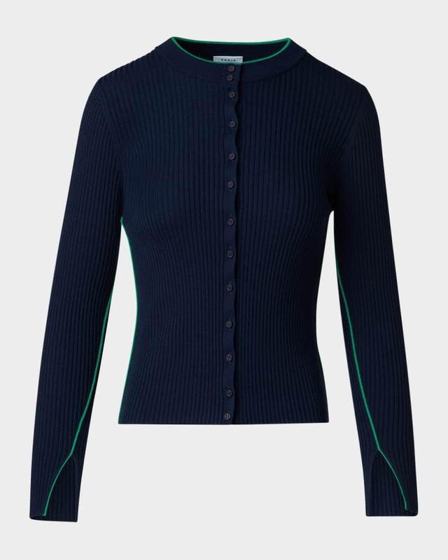 Ribbed Wool Cardigan with Contrast Piping Product Image