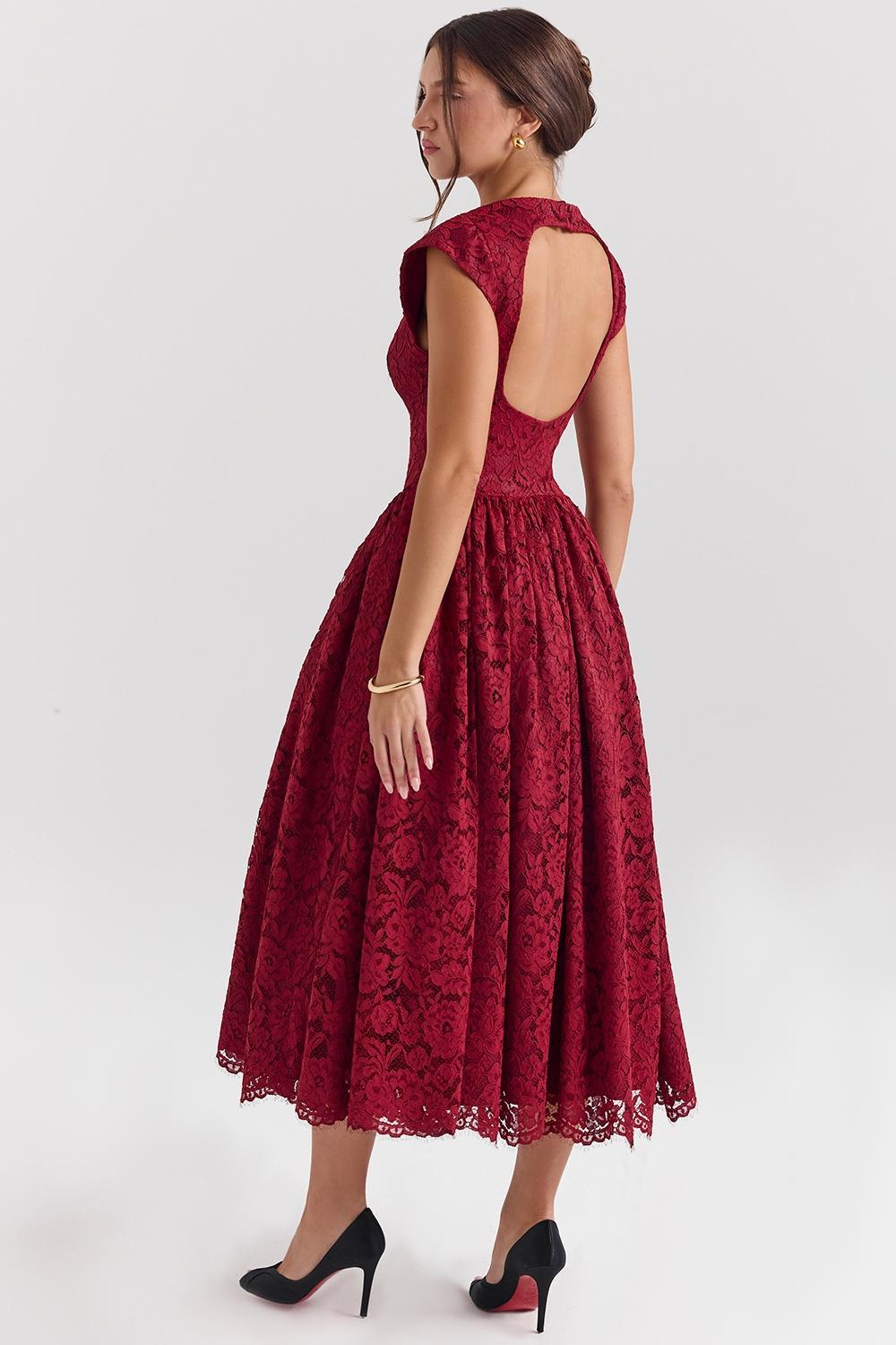 Debutante Berry Lace Backless Midi Dress Product Image