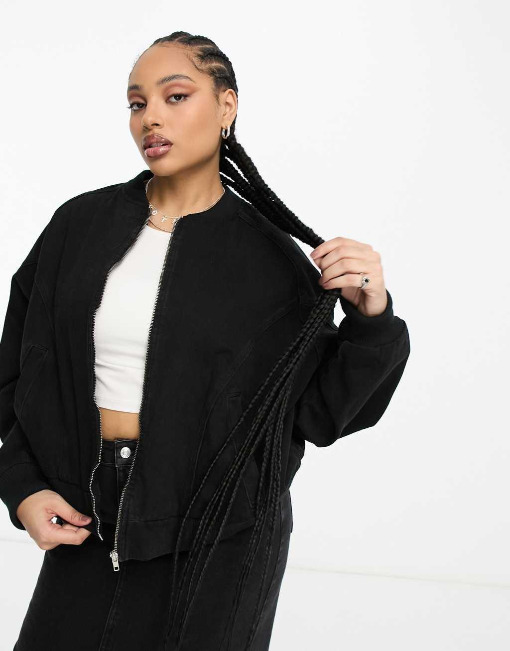 ASOS DESIGN Curve denim bomber jacket in washed black Product Image