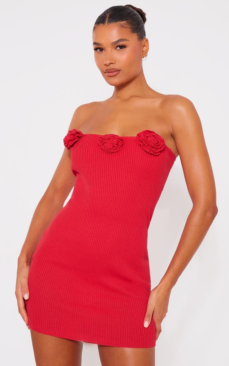 Red Corsage Detail Knit Bandeau Dress Product Image