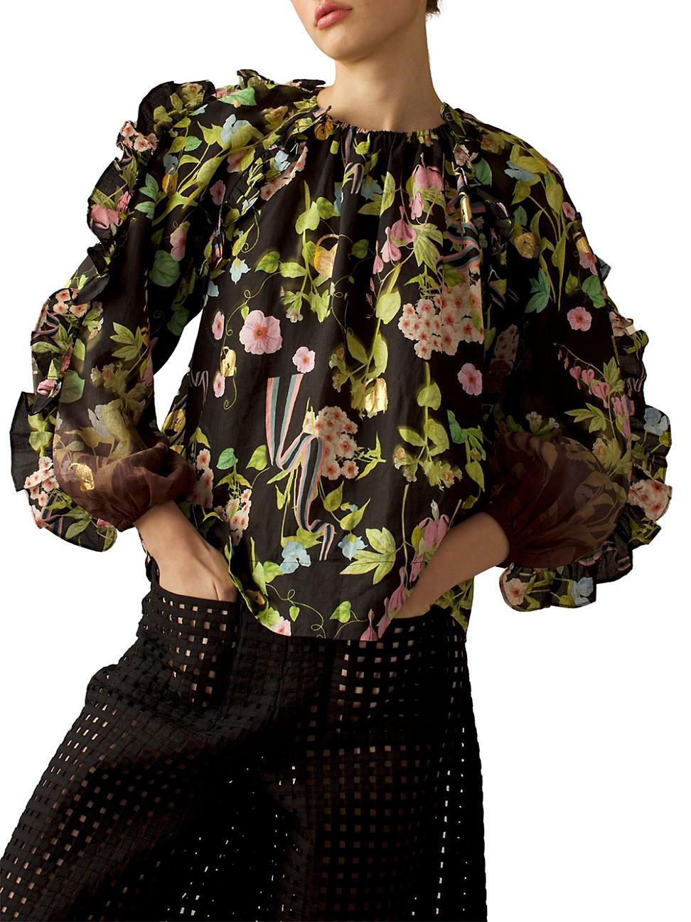 Womens Floral Balloon-Sleeve Blouse Product Image