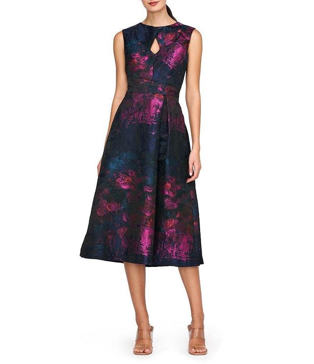 Kay Unger Beckett Floral Jacquard Keyhole Neck Sleeveless Pleated Midi Dress Product Image