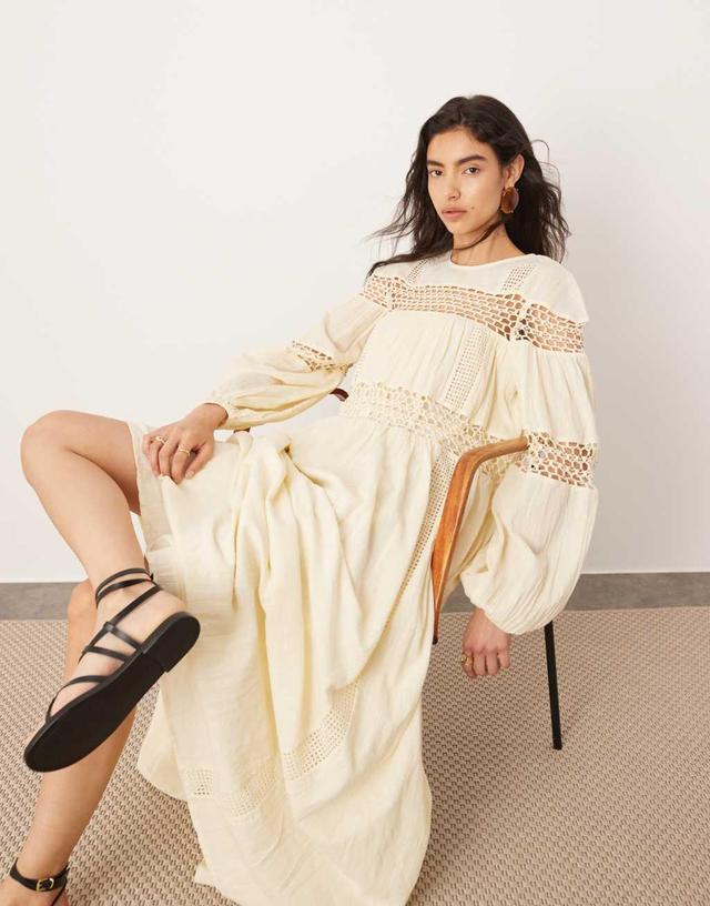 ASOS EDITION crochet trim drop waist blouson sleeve trapeze maxi dress in buttermilk Product Image