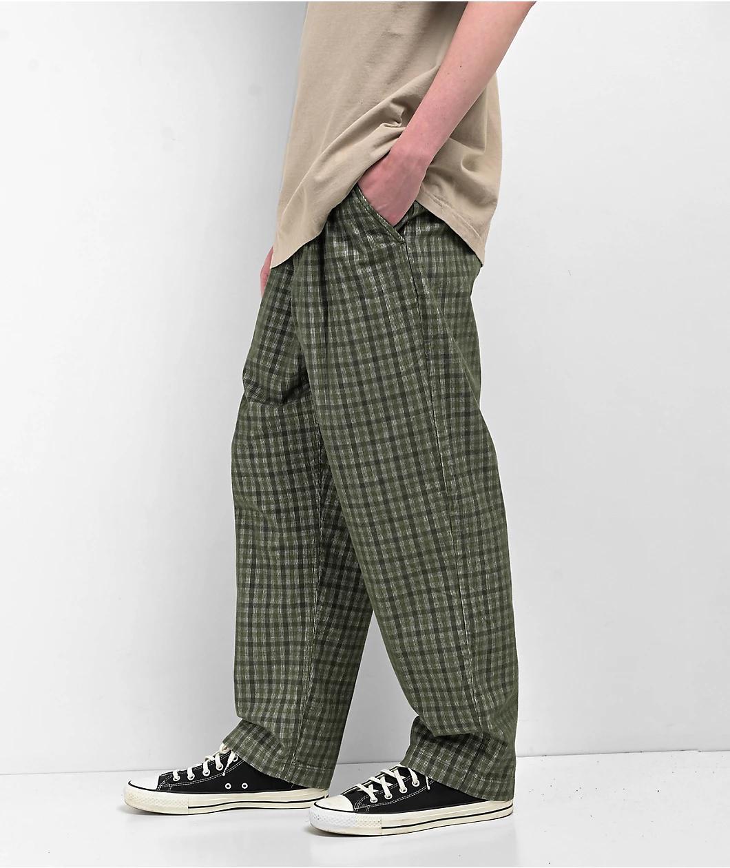 Obey Fubar Pleated Plaid Green Kombu Corduroy Pants Product Image