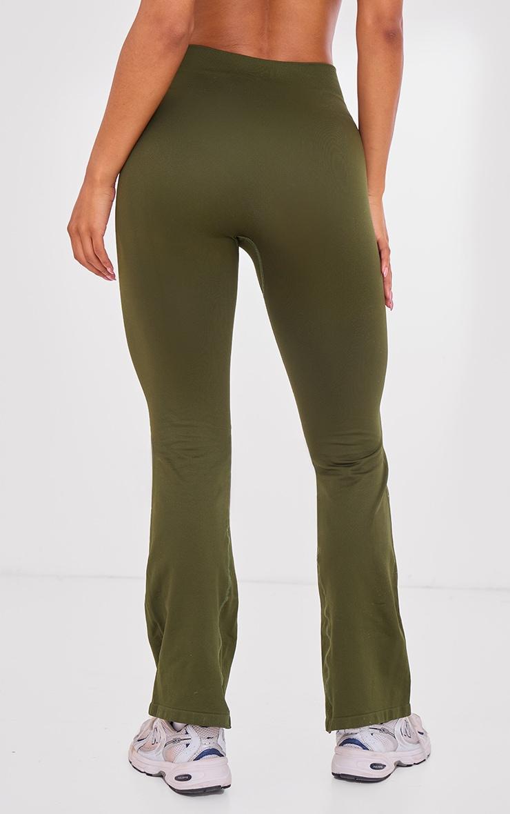 PLT SPORT Khaki Seamless Ribbed Detail High Waist Yoga Flares Product Image