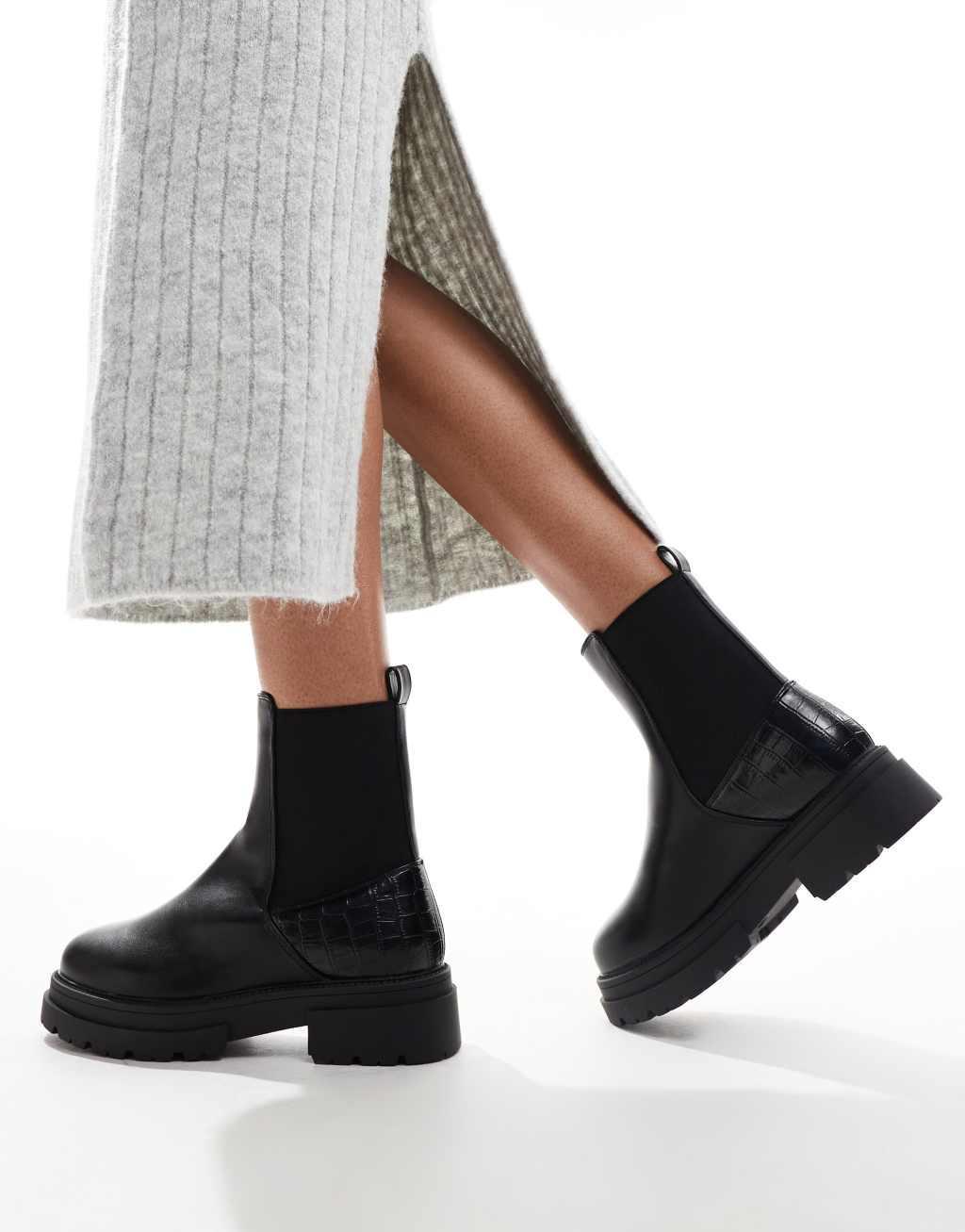 SEQWL Wide Fit ankle boots with croc detail in black Product Image