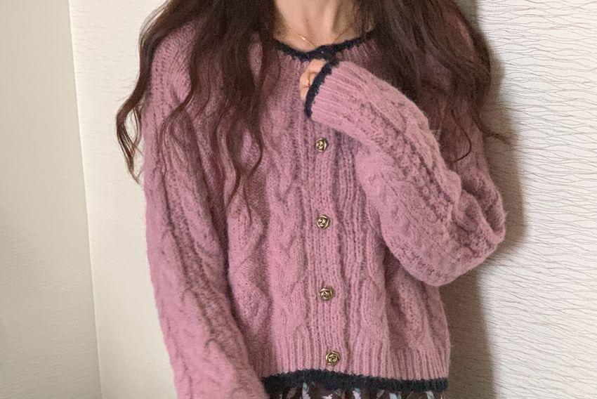 Crewneck Cable Knit Plain Button-Up Cardigan Product Image