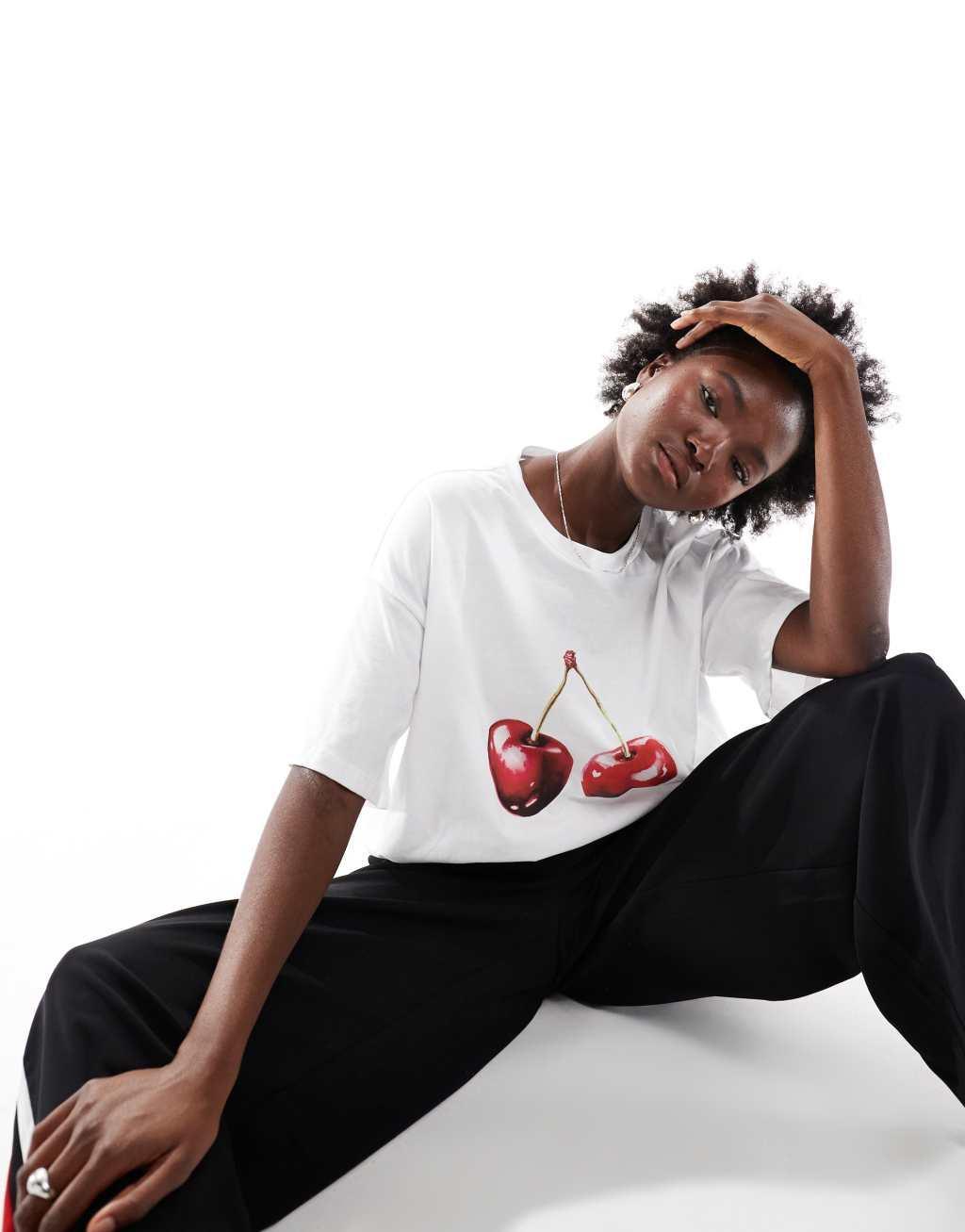 ASOS DESIGN oversized t-shirt with cherry graphic in white Product Image