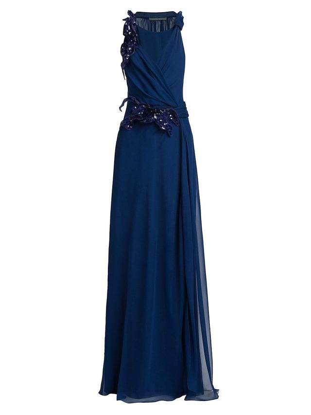 Womens Draped Sequined Silk Chiffon Gown Product Image