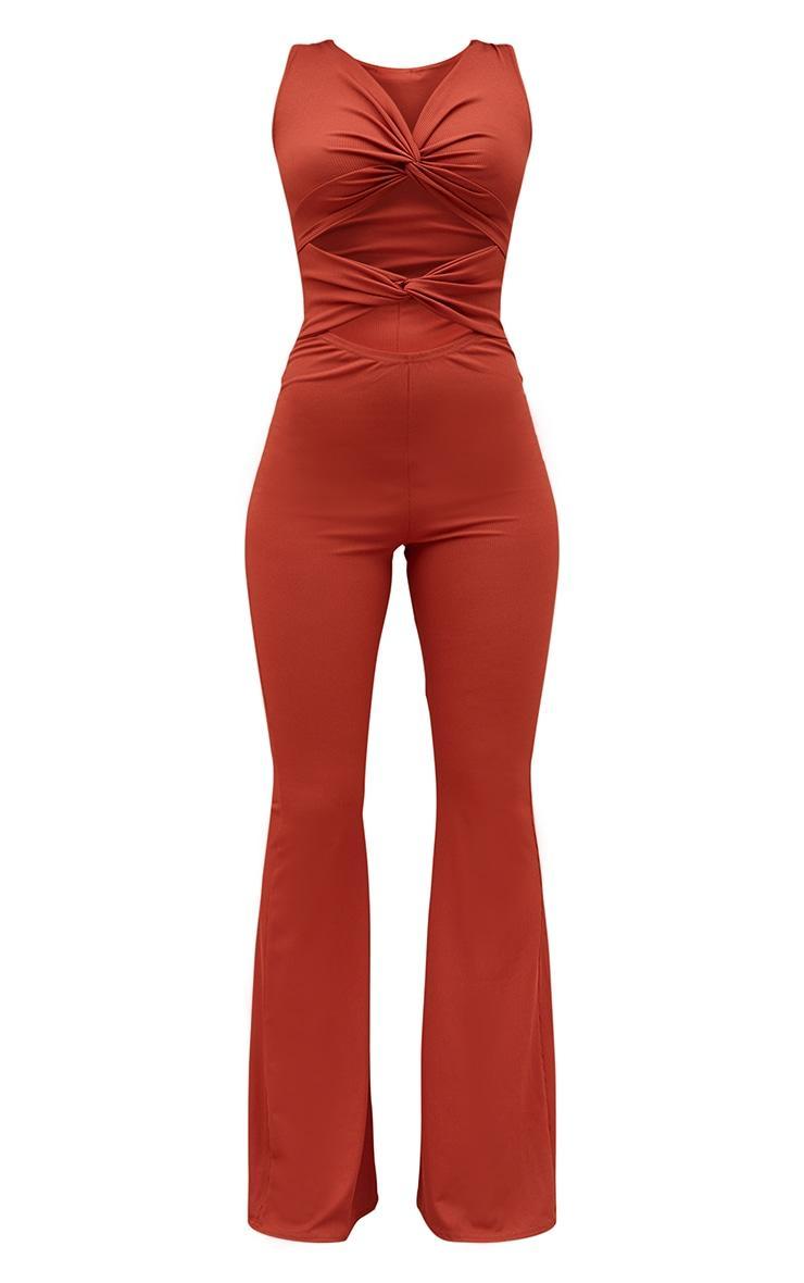 Rust Rib Twist Detail Plunge Flared Jumpsuit Product Image