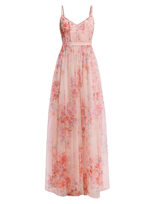 Womens Floral Tulle Sleeveless Gown Product Image