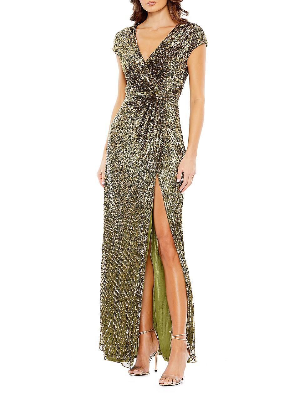 Womens Sequin Faux-Wrap Cap-Sleeve Gown product image