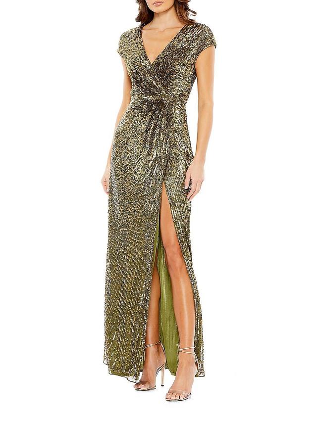 Womens Sequin Faux-Wrap Cap-Sleeve Gown Product Image