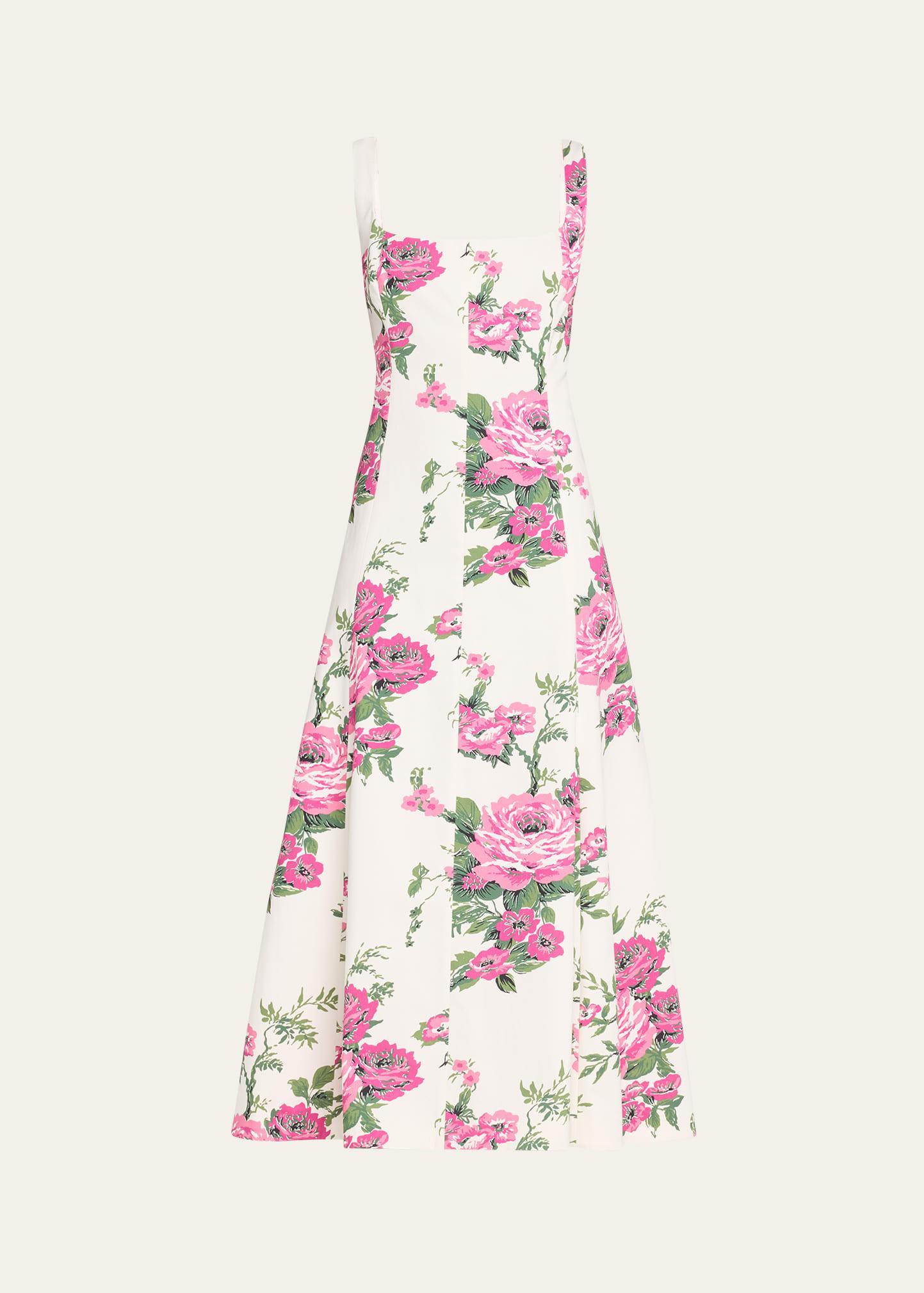 Carolina Herrera Floral Sleeveless Stretch Cotton Midi Dress Product Image