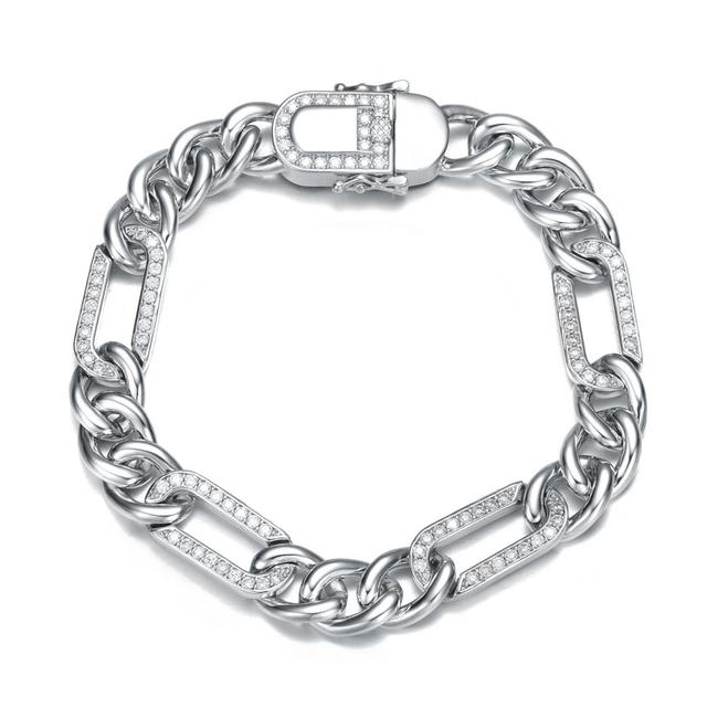 Mens Sterling Silver White Gold Plated with Iced Out Cubic Zirconia Paper Clip Curb Chain Bracelet Product Image