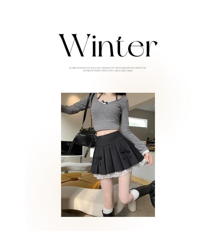 High Waist Plain Lace Trim Bow Pleated Mini A-Line Skirt Product Image