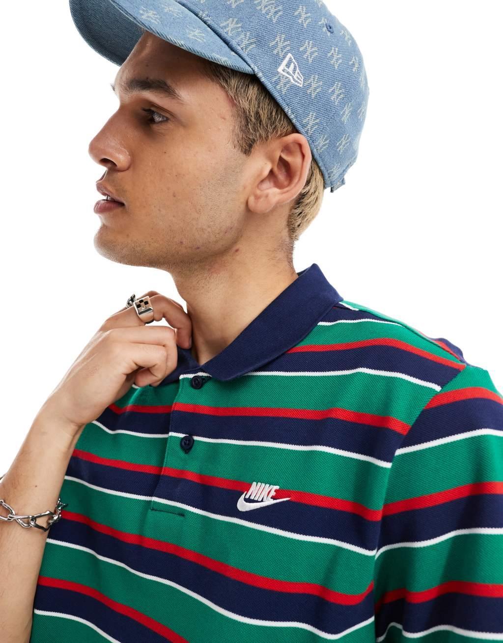 Nike Club striped polo shirt in navy and green Product Image