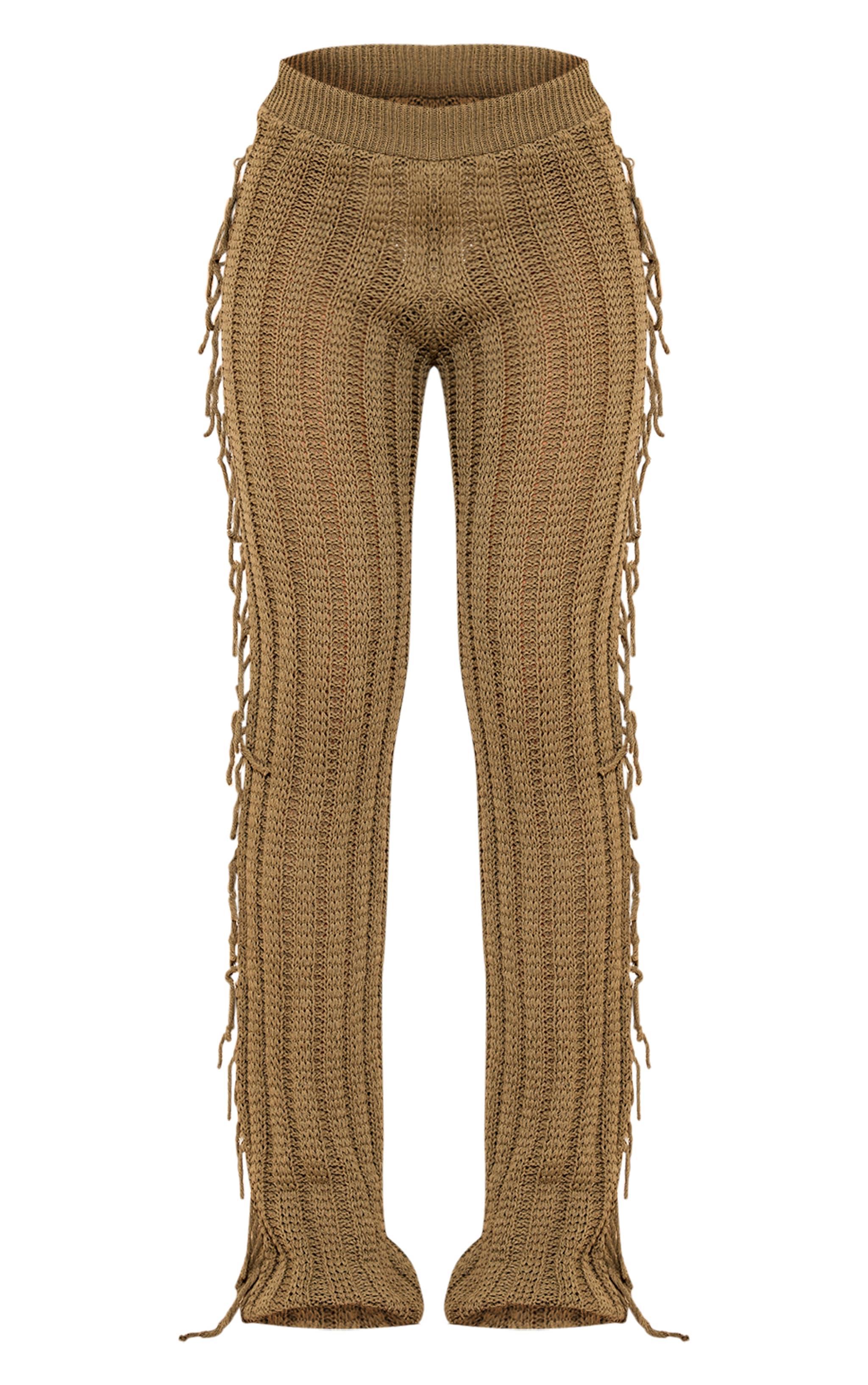 Khaki Tassel Crochet Wide Leg Pants Product Image