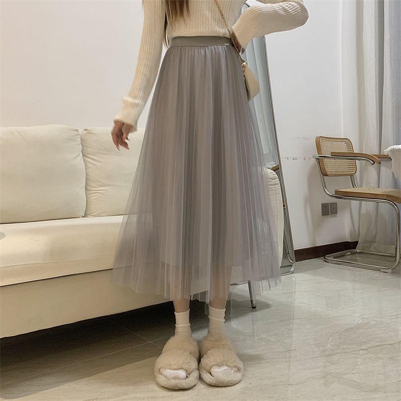 Elastic Waist Plain Mesh Midi A-Line Skirt Product Image