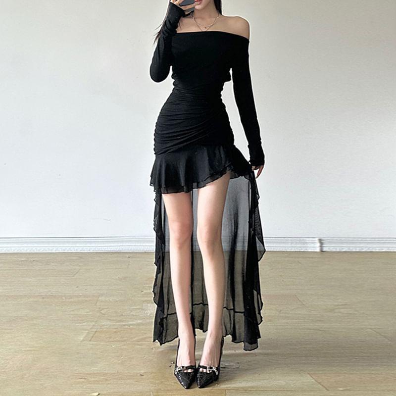 Bell Sleeve Off-Shoulder Plain Slim-Fit Asymmetric-Hem Maxi Bodycon Dress Product Image