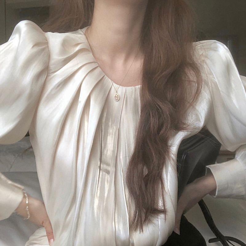 Long-Sleeve U-Neck Button-Up Plain Blouse Product Image