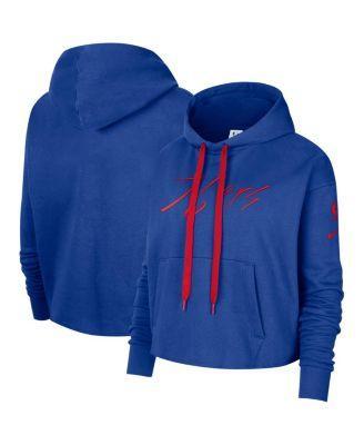 Womens Nike Royal Philadelphia 76ers Split Flip Courtside Cropped Pullover Hoodie Product Image