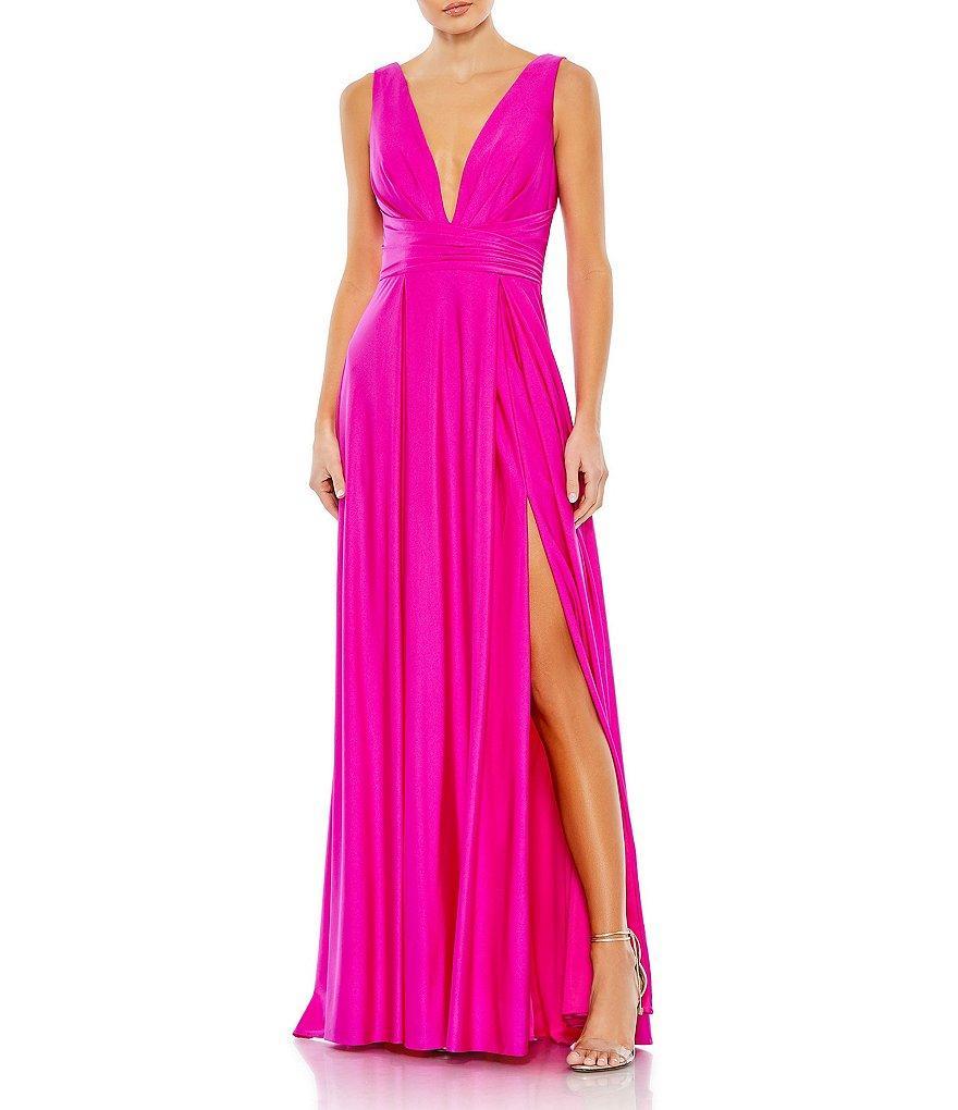 Mac Duggal Pleated Deep V-Neck Sleeveless Empire Waist Thigh High Slit A-Line Gown Product Image