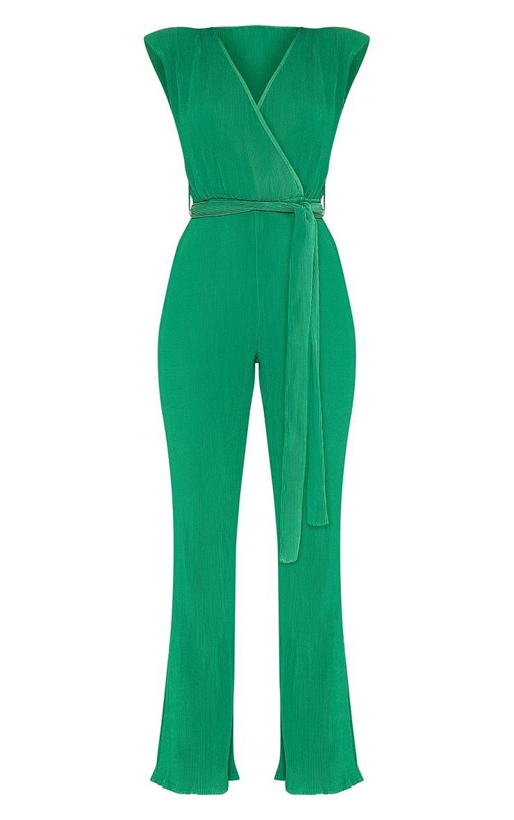 Bright Green  Pleated Shoulder Pad Flared Leg Jumpsuit Product Image