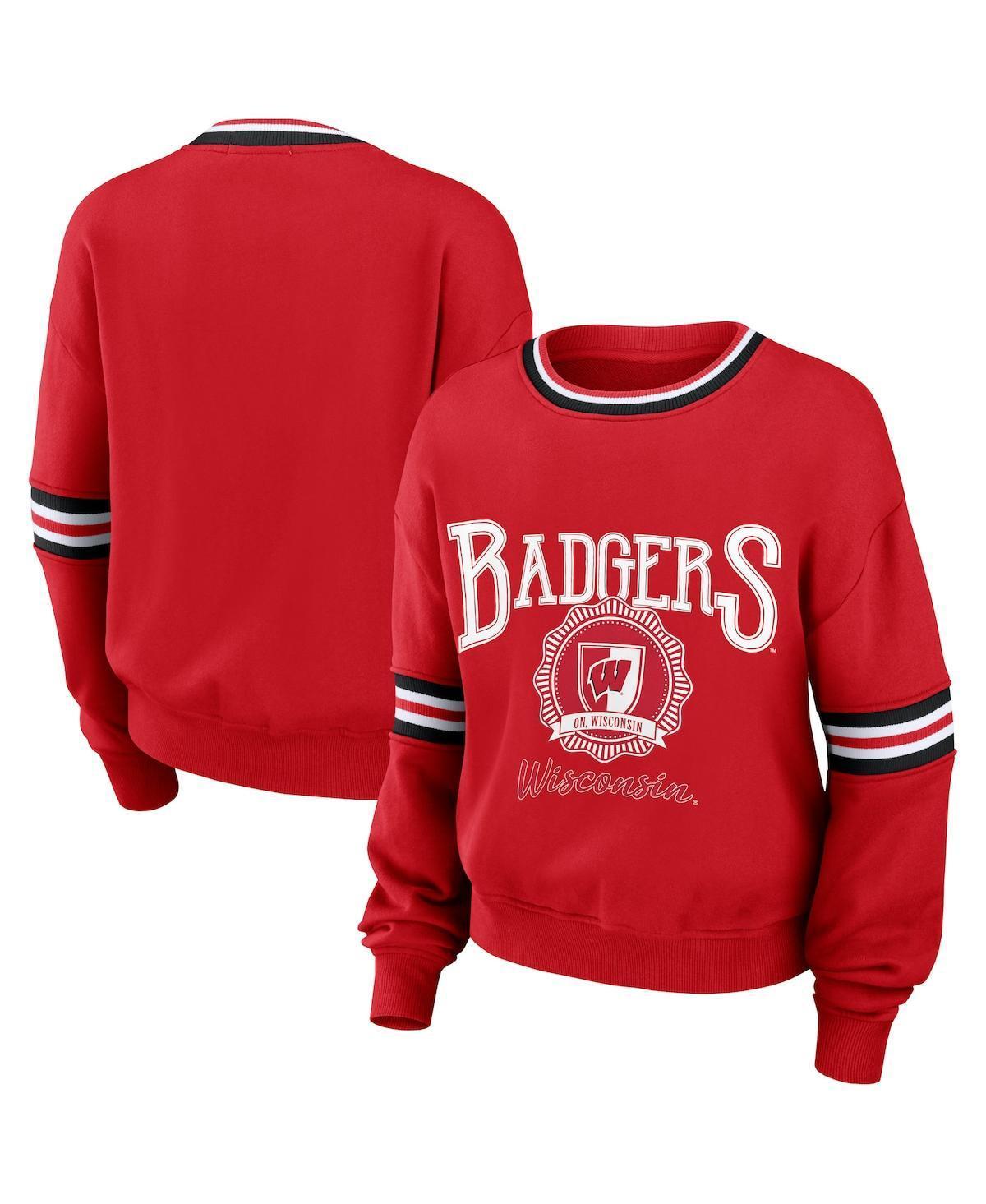 Womens Wear by Erin Andrews Red Distressed Wisconsin Badgers Vintage-Like Pullover Sweatshirt Product Image