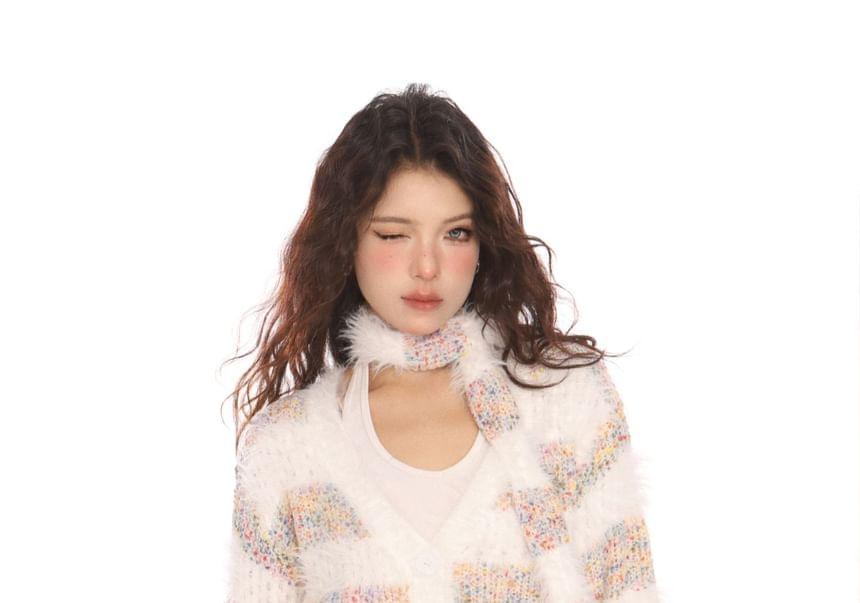 Set: V-Neck Striped Fluffy Sweater + Scarf Product Image