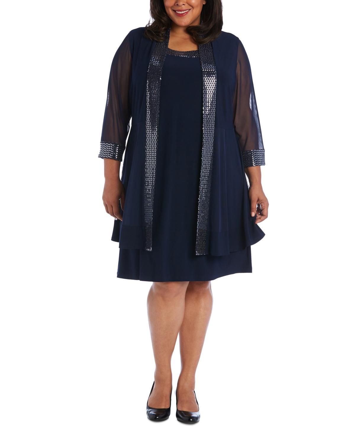 Plus Size R&M Richards 2-pc. Print Chevron Metallic Detail Jacket & Dress, Womens Blue Product Image