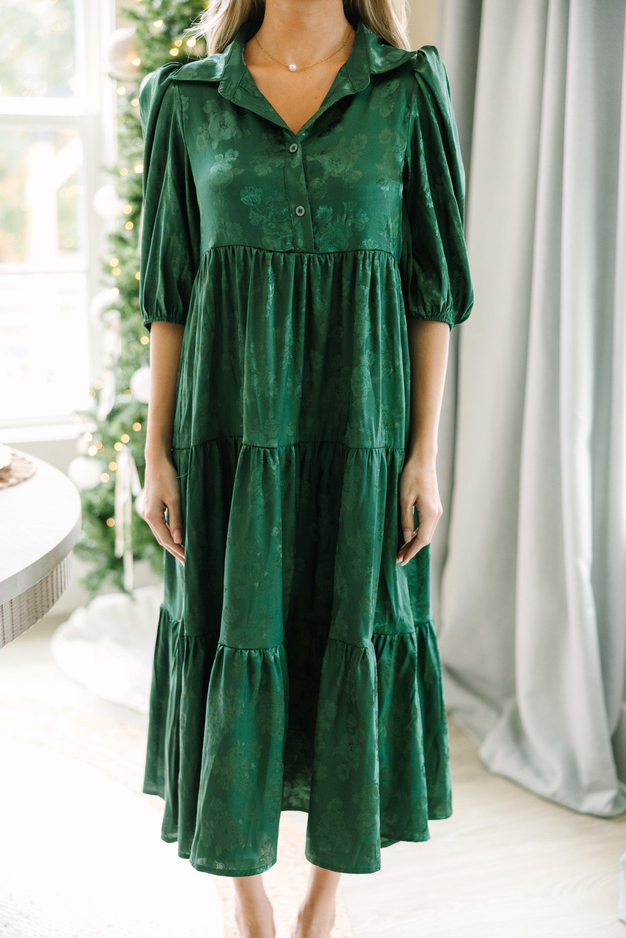 All The Love Emerald Green Floral Satin Midi Dress Female Product Image