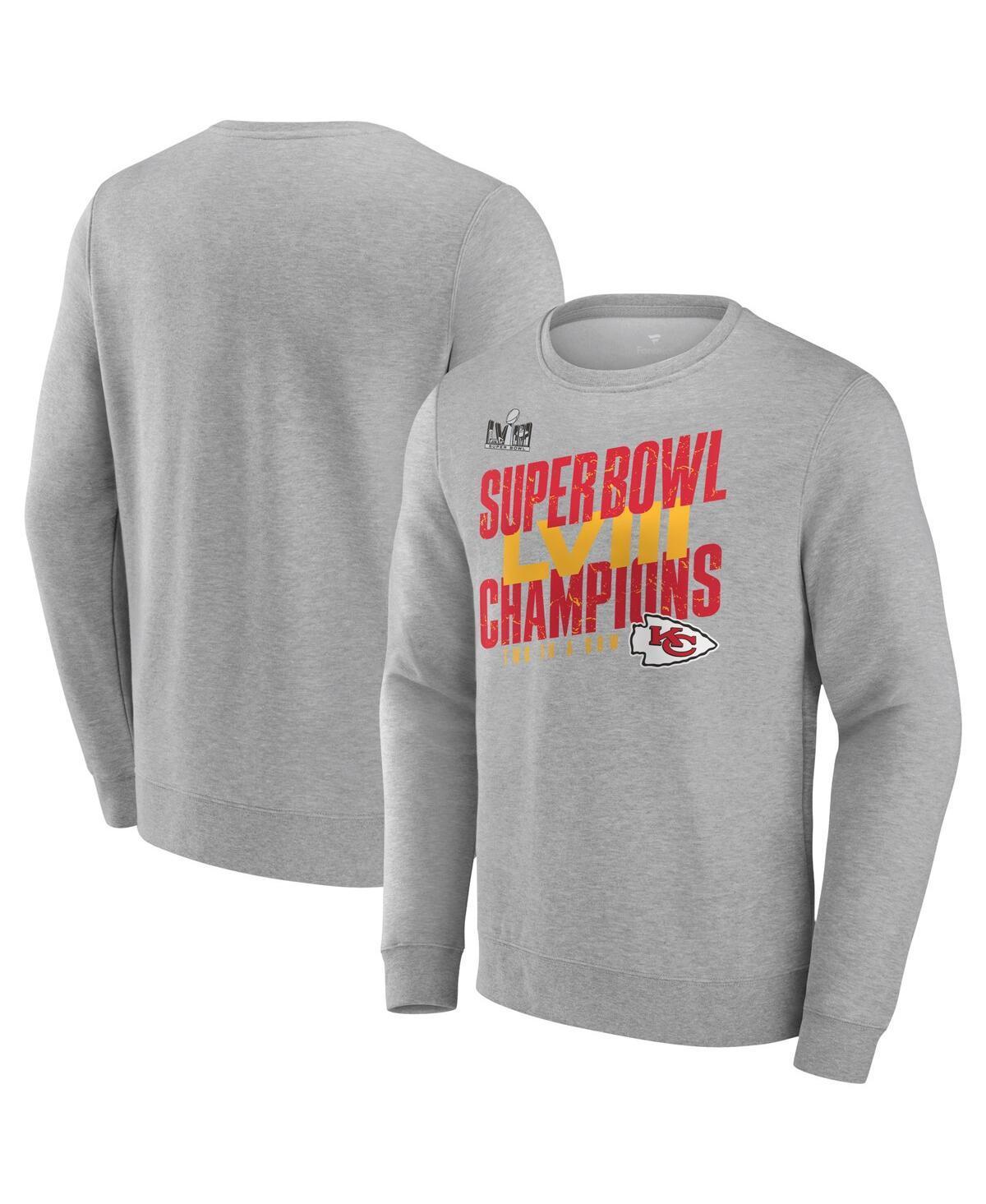 Mens Fanatics Branded Heather Gray Kansas City Chiefs Super Bowl LVIII Champions Iconic Victory Crewneck Pullover Product Image