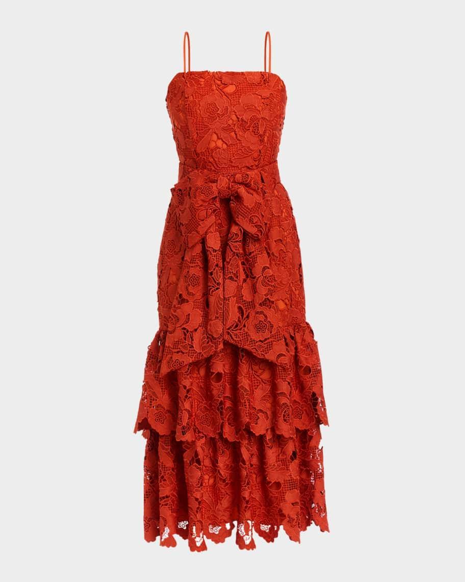 Vanessa Ruffle Tiered Floral Lace Midi Dress Product Image